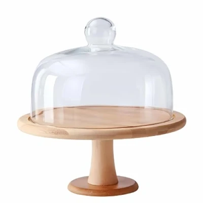 Image of Cake Stand with Dome Lid, Wood Plate Clear Glass cover, tray for Cakes, Pastries, Cheese Boards Flat Display Birthday, Wedding, Party, Café (Footed)