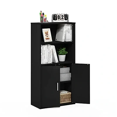 Image of Furinno Pasir Storage Bookcase with 2 Open Shelves and Doors, Black Oak, 59.9(W) x 121.4(H) 30(D) cm
