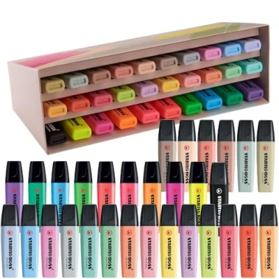 Image of STABILO BOSS ORIGINAL Highlighter Deskset of 30 with 9 Neon Colours, 14 Pastel 6 NatureCOLORS and 1 Black Marker