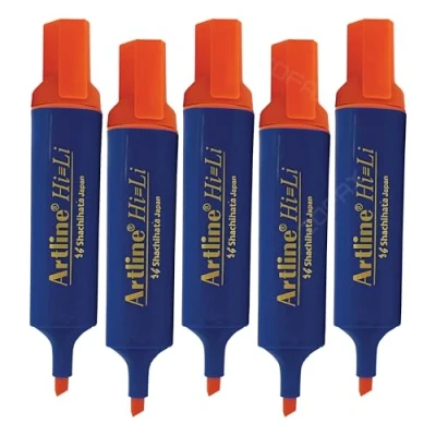 Image of artline HiLine Highlighter Pens, ORANGE, Pack of 5, Chisel Tip (1 5.0mm), Quick Dry, Ergonomic Shape, School Office Home Fluorescent Markers