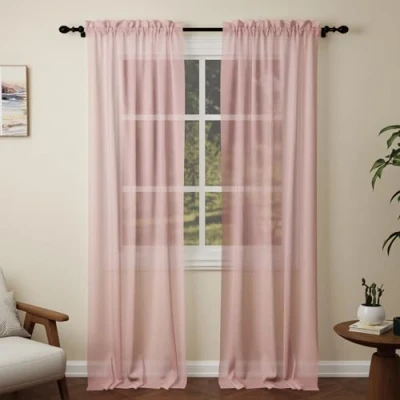 Image of Pacok Pink Voile Curtains, 108 Drop 2 Panels Net Curtain for Windows, Rod Pocket Sheer Panel Curtains Living Room Kitcken Bedroom W56xL108 Inch(Pink, 142 x 274cm)