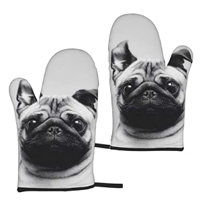 Image of Heat Resistant Oven Gloves Sets Of 2 Pug Printed Kitchen Non Slip Microwave Mitts 1 Pair For Baking Cooking Bbq