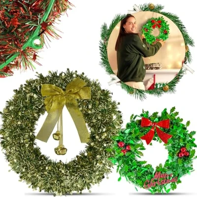 Image of 2Pk Green Xmas Wreaths for Indoor Outdoor Decoration, Christmas Large Tinsel Wreath with Bells and Bowknot, Small Holly Wall Window Hanging Ornaments