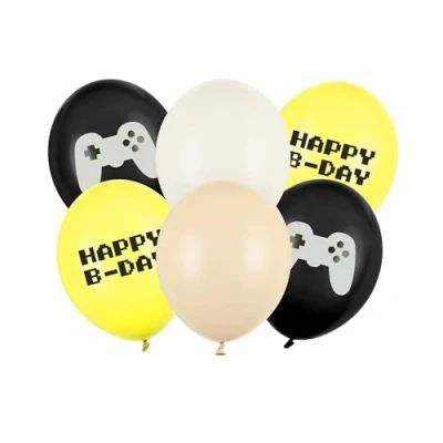 Image of PartyDeco Happy Birthday Balloons 30 cm Set of 6 Gamer for Helium or Air Latex Children&#039;s Boy Balloon as Decoration Black Yellow