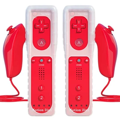 Image of 2 Sets Remote Controller for Wii, TechKen Replacement Built in Motion Plus and Nunchuck (2 Red)