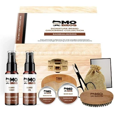 Image of Beard Grooming Care Gift Kit Signature Set Includes Premium Oil, Wash, Wax, Balm, Comb, Scissors, Brush &amp; Box Sandalwood