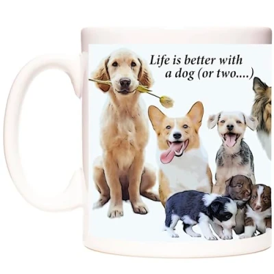 Image of Dog Mug Life is Better with a or Two. Assorted Breed Images on an 11oz Ceramic
