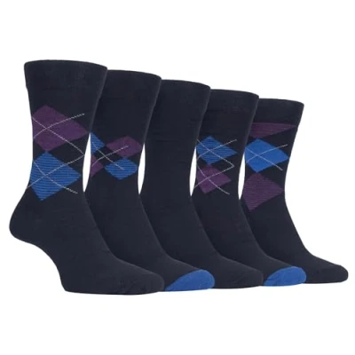 Image of Farah 5 Pack Mens Thin Breathable Classic Patterned Soft Top Office Cotton Dress Socks (6 11 uk, CS190NVYPUR (Argyle))