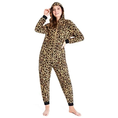 Image of CityComfort Onesies for Women Soft Comfy Fleece Pyjamas Nightwear Fluffy Onesie Lounge Wear Sizes S XL (Brown Leopard, L)