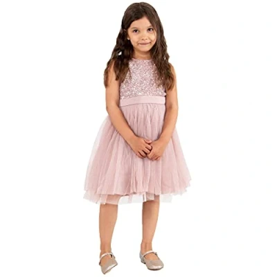 Image of Maya Deluxe Girl&#039;s Midi Dress Sequins Embellished Party Tutu Bridesmaids Wedding with Belt Bow, Frosted Pink, 9 Years
