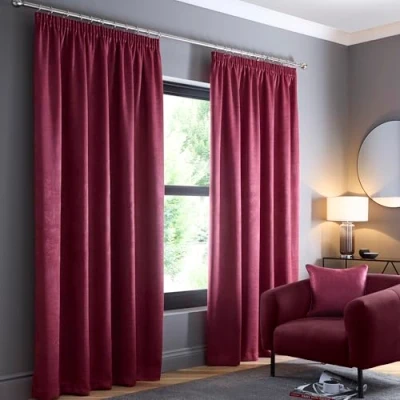 Image of Fusion Wine Red Curtains W46 x L72 (117 183cm) 100% Cotton 2x Panels Pencil Pleat in Soundproof Curtain &amp; Thermal for Bedroom Claret Pleated Drapes