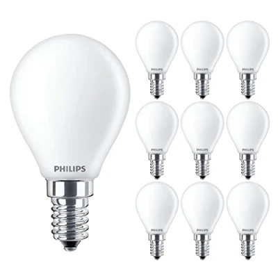 Image of Philips 10 Pack Classic LED Opal Glass Golf Ball P45 Lamp 4.3W (40W) E14 SES Small Edison Screw 2700k Warm White 470 Lumen 15000 Hours Car Air Freshener Included 80+ CRI