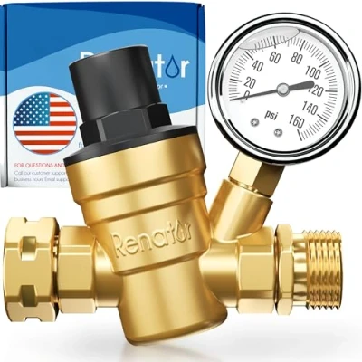 Image of Renator RV Water Pressure Regulator for Camper. Brass Lead Free Adjustable with Gauge. Camper Travel Trailer, Reducer Valve W Filter. M11 0660R.