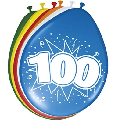 Image of Folat 08300 Zahl 100th Birthday Balloons 30cm 8 pieces, Multi Colors, 100 cm