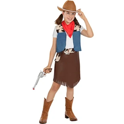 Image of Funidelia Cowgirl Costume for girl Cowboys, Indian, Western kids accessory fancy dress &amp; props Halloween, carnival parties Size 3 4 years Brown