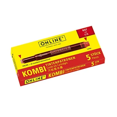 Image of Online double sided pen ink cartridges, universal refills, compatible with all common fountain pens, even Lamy pens 5 spare cartridges colour red, 17307/12