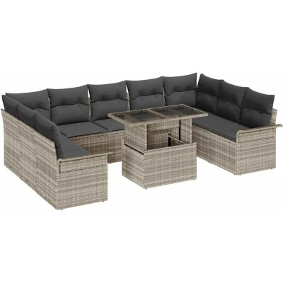 Image of vidaXL 10 Piece Garden Sofa Set with Cushions Light Grey Poly Rattan