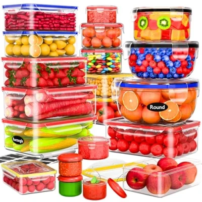 Image of 40 Pcs Food Storage Containers with Lids Airtight Plastic Meal Prep Container for Pantry Kitchen Organization, Microwave, Dishwasher, Freezer Safe 100% Leak Proof (20 Stackable Boxes 20 Lids)