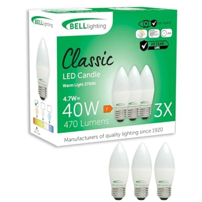 Image of Bell Lighting E27 Edison Screw Dimmable Light Bulb LED Candle 3 Pack Warm White 2700K 470 Lumen 4.7W Energy Saving 40W Halogen Lamp Equivalent