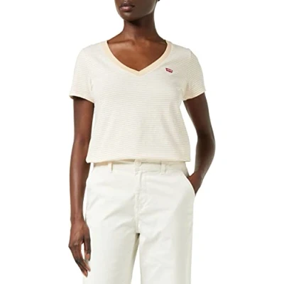 Image of Levi&#039;s Women&#039;s Perfect V Neck T Shirt Annalise Stripe Honey (Neutral) XXS