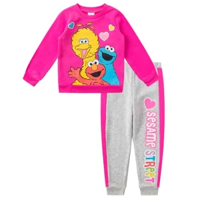 Image of Sesame Street Girl&#039;s 2 Piece Jogger Set with Long Sleeve Shirt and Sports Pants, Pink/Grey, Size 24M