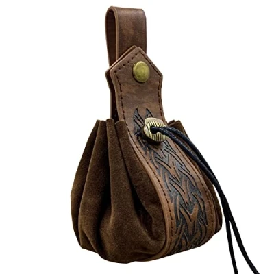 Image of HiiFeuer Medieval Faux Leather Drawstring Pouch, Retro Nordic Portable Coin Purse, Vintage Belt Pouch Dice Bag for LARP Ren Faire(Brown B)