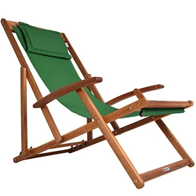 Image of CASARIA® Folding Wooden Deck Chair with Armrests and Neck Pillow Solid Acacia Wood Frame Resilient 160kg Capacity Foldable Adjustable Headrest Breathable Garden Sun Lounger Green