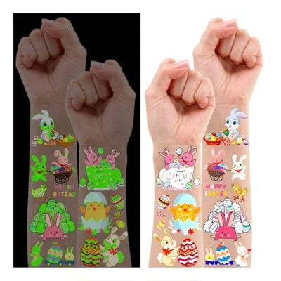 Image of Leesgel Easter Decorations for Boys Girls, 12 Sheets Luminous Temporary Tattoos Kids Basket Bags Fillers, Glow Toys Stickers Egg Hunt Games Prizes Party Supplies