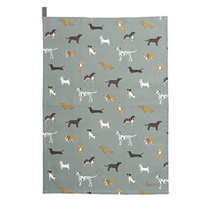 Image of Sophie Allport Fetch Tea Towel, 100% Cotton, 45cm x 65cm, Home Kitchen Towel with Hanging Loop, Dog Print