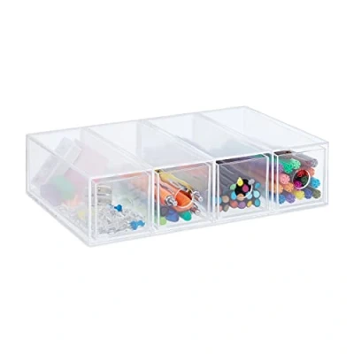 Image of Relaxdays Plastic Organiser Box, Four Drawers, Acrylic, Extra Storage, Compartments, HxWxD: 6x25x17.5 cm, Transparent, 6 x 25 17.5 cm