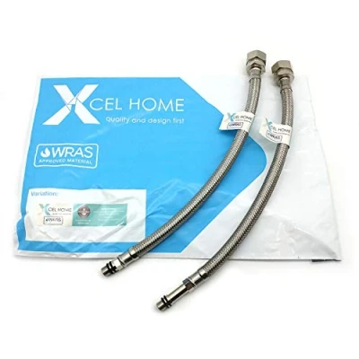 Image of 2 x WRAS Approved 300mm M10 (10mm) 15mm Compression BSP Flexible Pipe Connector Monobloc Mixer Kitchen Sink/Bathroom Basin Tap Stainless Steel Braided Flexi Tails Xcel Home™