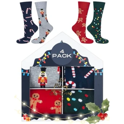 Image of soxo Christmas Mens Socks Ladies Gifts Funny Women Gift Xmas Men Presents Long Sock 4 Pairs 6.5 10.5 Box 3