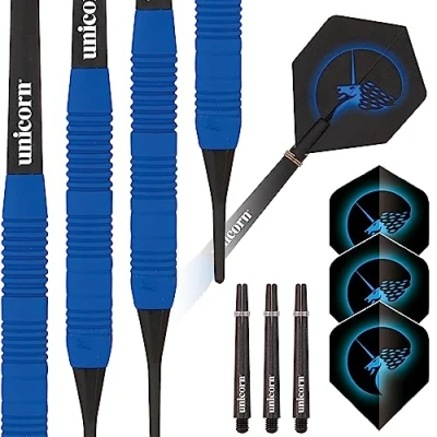 Image of Unicorn Soft Tip Darts Set Core Plus Smooth Comfortable Rubberised Brass Barrels Blue 16 g