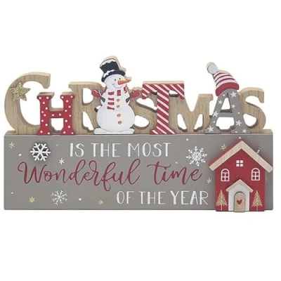 Image of Lesser &amp; Pavey Christmas Snowman Standing Wooden Plaque 24cm x 14cm Decoration Themed Décor Perfect for Home, Kitchen, Living Room, Tabletop
