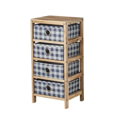 Image of Home Source Storage Chest, Solid Wood Frame, Blue Plaid Fabric Pull Out Drawers, Coastal Style Bedroom Organiser, 4 Drawer