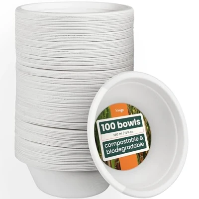 Image of HAAGO Eco Friendly Sugarcane Bowls 100 Pack 350ml White Disposable Side &amp; Salad Bowl, Perfect Alternative to Paper Plastic