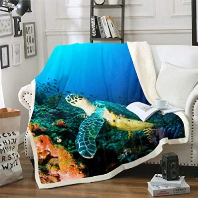 Image of Sea Turtle Fleece Blanket Reptile Printed Sherpa for Chair Sofa Couch Ocean Marine Themed Fuzzy 3D Underwater Animal Plush Throw Room Decor Baby 30&quot;x40&quot;