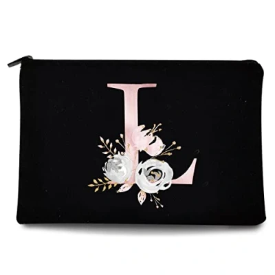 Image of 26 Letter Printed Zip Canvas Pouch Makeup Bag Make Up Bag, Cosmetic Travel Bag,Toiletry Bag,Organizer Bags,Toiletry Bags, Bride Bridesmaid Bag,Pencil Bag,Wash Bag,Coin Purse (Pink Flower L)