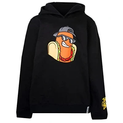 Image of Fortnite Boys Hoodie Black Sweatshirt With The Brat Hot Dog Motif 100% Cotton Official Merchandise 15 Years
