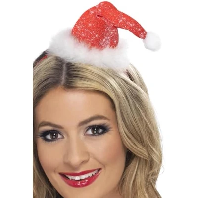 Image of Smiffys Mini Santa Hat, Red on a Headband, Christmas Fancy Dress Accessory, Up Hats