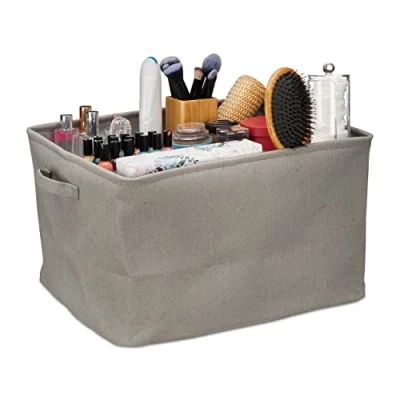 Image of Relaxdays Storage Basket, Folding, Box for Shelves, 24 x 40 30 cm, Bathroom Organiser with Handles, Fabric, Grey