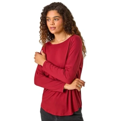 Image of Roman Originals Batwing Long Sleeve Stretch Top for Women UK Ladies Everyday Holiday Spring Summer Round Neckline Comfy Soft Evening Vacation Work Party Red Size 12