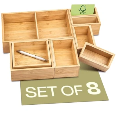 Image of Praknu Drawer Organiser Box Set of 8 Made from Sustainable FSC® Bamboo Wood for Kitchen, Bathroom or Office