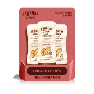 Image of Hawaiian Tropic Silk Hydration Protective SPF 50 Sun Lotion with Moisturizing and Water Resistant Tapes, Tropical Cream, Pack 3 units x 180 ml