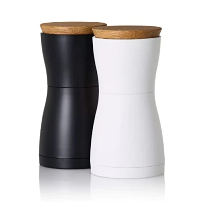 Image of AdHoc Twin Salt and Pepper Mill Set, Ceramic Grinding Mechanism, Adjustable Grind, Black White, Plastic/Wood, 13cm, 30 Year Mechanism Warranty
