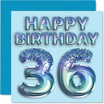 Image of 36th Birthday Card for Men Blue Glitter Party Balloon Happy Cards 36 Year Old Man Brother Friend Uncle Dad, 145mm x Thirty Six Sixth Bday Greeting Gift