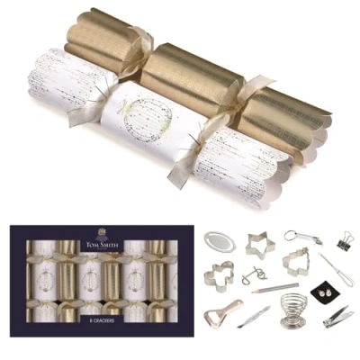 Image of Tom Smith Pack 8 White &amp; Gold Bauble Design Eco Charity Christmas Crackers Family
