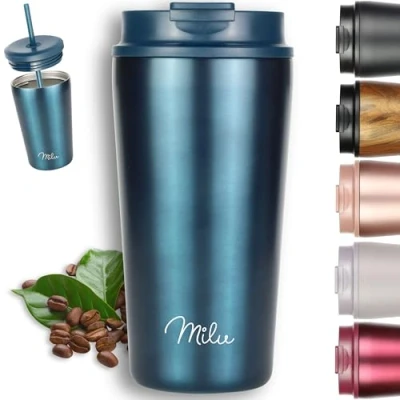 Image of Milu Thermo Mug 500ml 100% Leak Proof Stainless Steel Coffee to go Insulated with Straw Keeps hot for 10h / Cold 20h, BPA Free (Green, 500ml)