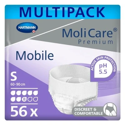 Image of MoliCare Premium Mobile Disposable Pull Up Pants: Discreet Use for Woman and Men with Incontinence; 8 Drops, Size S, Pack of 56, White