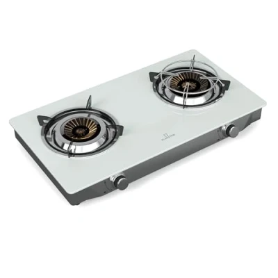 Image of Klarstein Barzona Gas Hob, 2 Burner Stainless Steel &amp; Glass Cooktop, 7.7kW, Portable Camping Stove with Piezo Ignition Flame Failure Safety, Compact and Design, White
